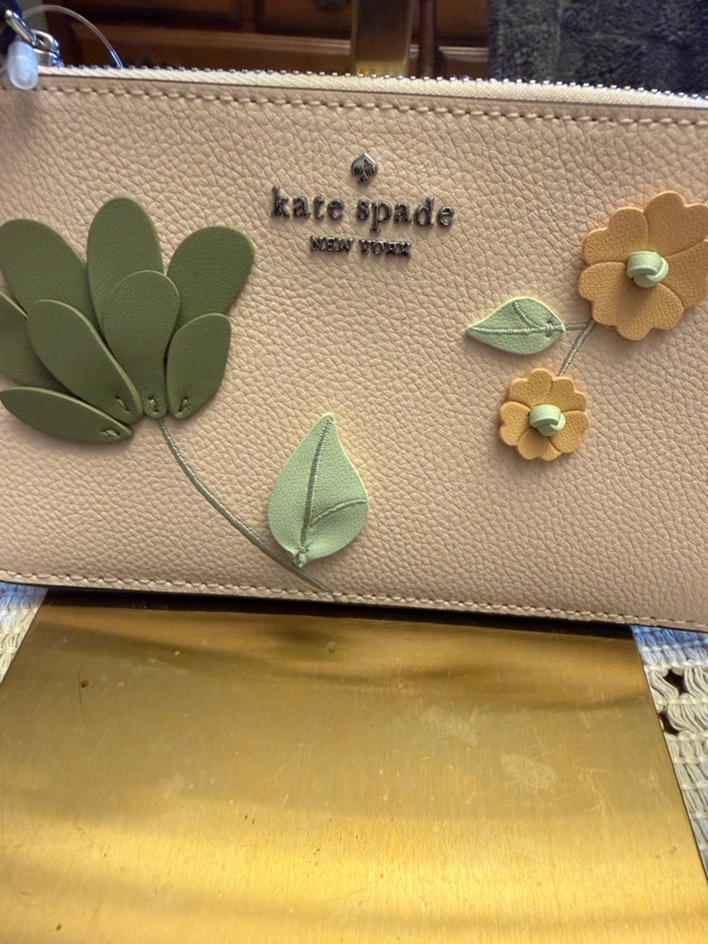 kate spade blush floral applique wristlet with green and yellow accents - Picture 2 of 10